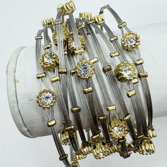 Silver And Gold Tone Wire Bangle Bracelets Stack Of 12 Rhinestone Mixed Metal - Picture 1 of 10